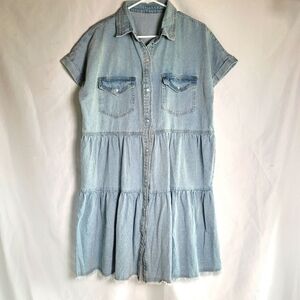 VTG Light Denim Dress W/ Frayed Hem Pearl Snaps Unbranded Size XL